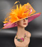 Hot Pink w Orange Feather Flower  Kentucky Derby Hat, Tea Party, Carriage Party, Easter Day Hat, Wide brim Sinamay Hat