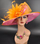 Hot Pink w Orange Feather Flower  Kentucky Derby Hat, Tea Party, Carriage Party, Easter Day Hat, Wide brim Sinamay Hat