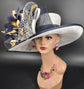 Sinamay Kentucky Derby Hat: White, Navy Blue & Gold Feathered Church Hat