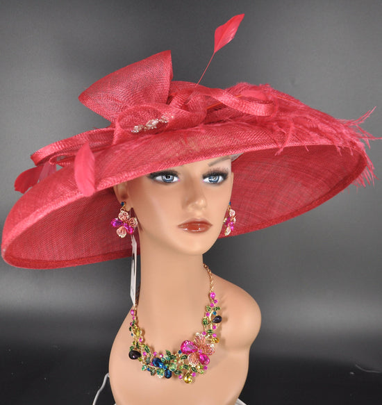Red Wide Brim Sinamay Hat Church Kentucky Derby Hat Carriage Tea Party Wedding  Rhinstones w Sinamay Bow Ostrich Feather