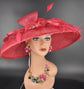 Red Wide Brim Sinamay Hat Church Kentucky Derby Hat Carriage Tea Party Wedding  Rhinstones w Sinamay Bow Ostrich Feather