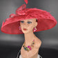 Red Wide Brim Sinamay Hat Church Kentucky Derby Hat Carriage Tea Party Wedding  Rhinstones w Sinamay Bow Ostrich Feather