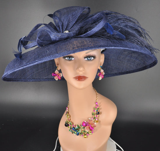 Navy Blue Wide Brim Sinamay Hat Church Kentucky Derby Hat Carriage Tea Party Wedding  Rhinstones w Sinamay Bow Ostrich Feather