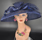 Navy Blue Wide Brim Sinamay Hat Church Kentucky Derby Hat Carriage Tea Party Wedding  Rhinstones w Sinamay Bow Ostrich Feather