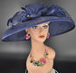 Navy Blue Wide Brim Sinamay Hat Church Kentucky Derby Hat Carriage Tea Party Wedding  Rhinstones w Sinamay Bow Ostrich Feather