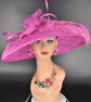 Fuchsia Sinamay Wide Brim Hat: Rhinestone Bow, Ostrich Feather Derby Hat