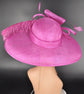 Fuchsia Sinamay Wide Brim Hat: Rhinestone Bow, Ostrich Feather Derby Hat