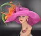 Kentucky Derby Hat, Church hat, Tea Party Hat, Wide Brim Sinamay Hat, Fuchsia Pink, Lime Green,Orange Silk Flower Peacock Feathers
