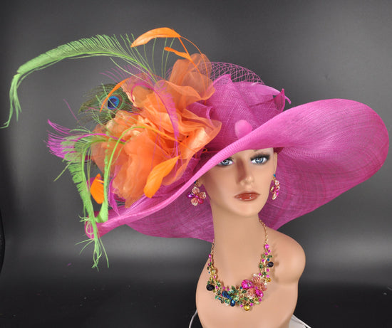 Kentucky Derby Hat, Church hat, Tea Party Hat, Wide Brim Sinamay Hat, Fuchsia Pink, Lime Green,Orange Silk Flower Peacock Feathers
