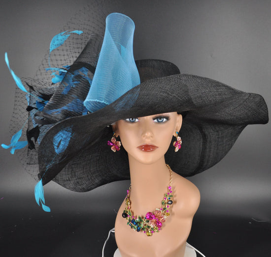 Black Sinamay Derby Hat: Teal Feather Flower Wide Brim