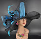 Black Sinamay Derby Hat: Teal Feather Flower Wide Brim