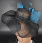 Black Sinamay Derby Hat: Teal Feather Flower Wide Brim