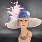 Wide Brim Sinamay Derby Hat: White, Navy, Pink Feather Flower