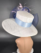 Wide Brim Sinamay Derby Hat: White, Navy, Pink Feather Flower