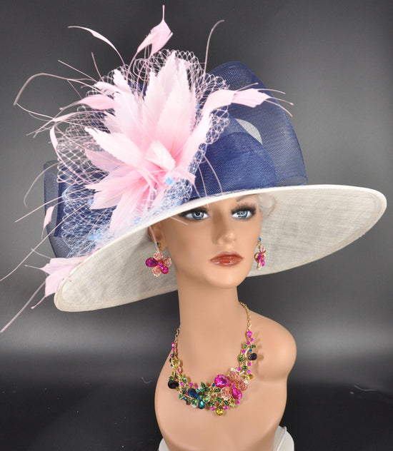 Wide Brim Sinamay Derby Hat: White, Navy, Pink Feather Flower