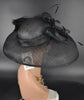 Black Wide Brim Sinamay Derby Hat: Rhinestone Bow & Ostrich Feather