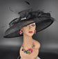 Black Wide Brim Sinamay Derby Hat: Rhinestone Bow & Ostrich Feather