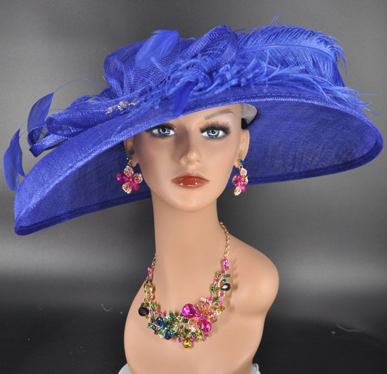 Royal Blue Sinamay Kentucky Derby Hat: Wide Brim Feathered Church Hat
