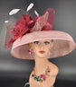 Audrey Hepburn Style Dome Hat Kentucky Derby Hat Tea Party Carriage Party  Wide Brim Sinamay Hat Blush Pink w Burgundy Bows Feather Flower