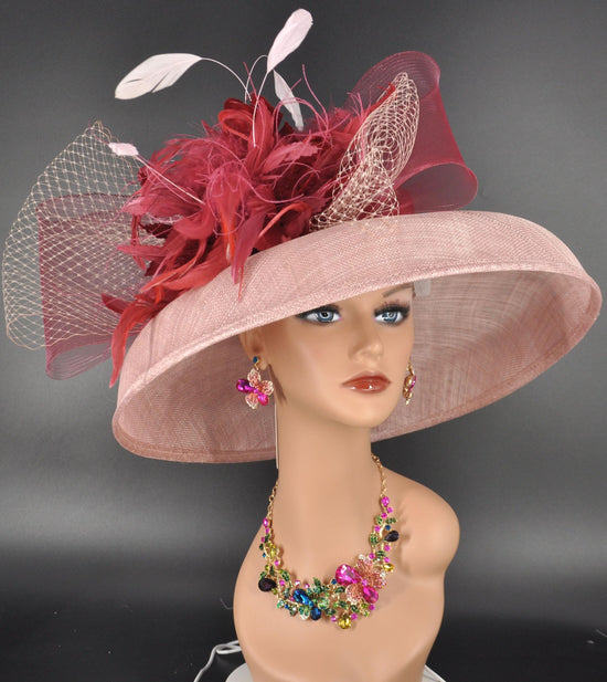 Audrey Hepburn Style Dome Hat Kentucky Derby Hat Tea Party Carriage Party  Wide Brim Sinamay Hat Blush Pink w Burgundy Bows Feather Flower