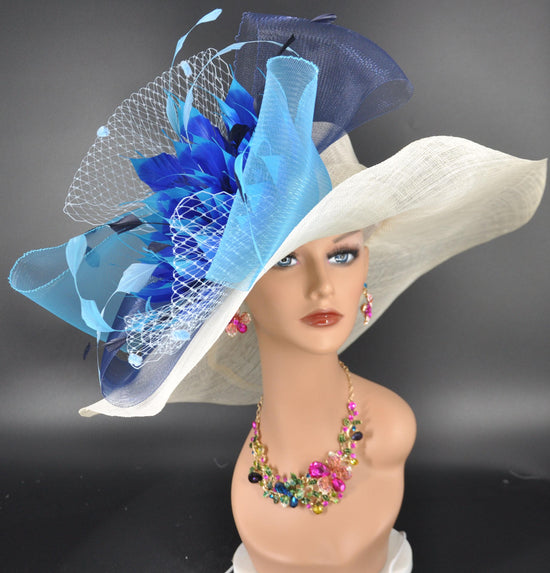 Ivory, Blue Feather Flower Wide Brim Kentucky Derby Hat, Ascot Hat for Wedding & Tea Party, Garden Party Hat, Mother of the Bride, Church
