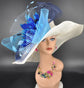 Ivory/Off White w Navy Blue Powder Blue Royal Blue Teal Blue Kentucky Derby Hat, Tea Party Hat Wide Brim Sinamay  Hat