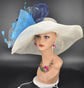 Ivory/Off White w Navy Blue Powder Blue Royal Blue Teal Blue Kentucky Derby Hat, Tea Party Hat Wide Brim Sinamay  Hat
