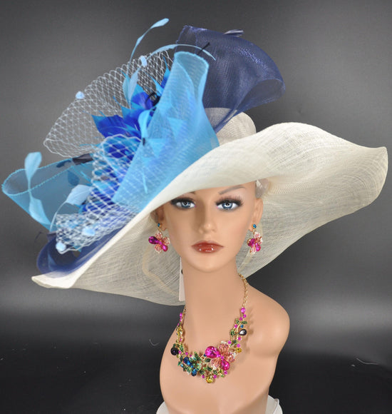 Ivory/Off White w Navy Blue Powder Blue Royal Blue Teal Blue Kentucky Derby Hat, Tea Party Hat Wide Brim Sinamay  Hat