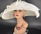 Ivory Sinamay Wide Brim Hat: Rhinestone Bow, Ostrich Feather