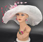 White with Pink Feather Flower Wide Brim Kentucky Derby Hat, Ascot Hat for Wedding Tea Party, Garden Party Hat, Mother of the Bride, Church