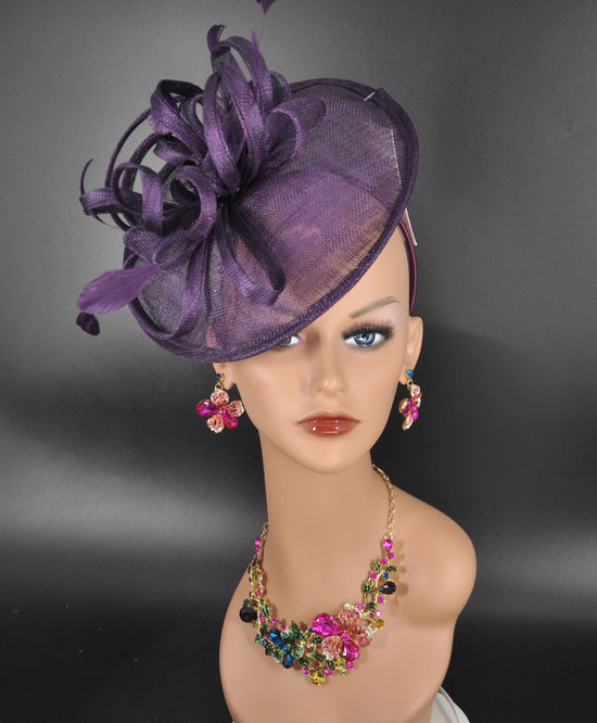 DerbyFascinator Hat Feather Floral Sinamay Headband Fascinator Cocktail Purple