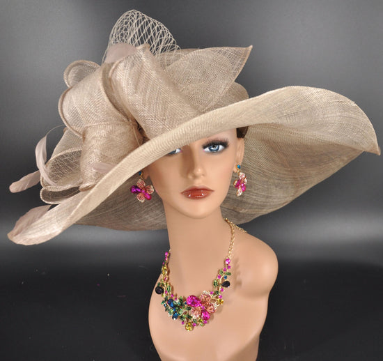 Taupe Sinamay Wide Brim Derby Hat: Oaks, Wedding, Tea Party