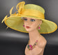 Lime Green Sinamay Derby Hat: Wide Brim Feathered Tea Party Hat