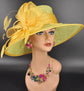 Lime Green Sinamay Derby Hat: Wide Brim Feathered Tea Party Hat