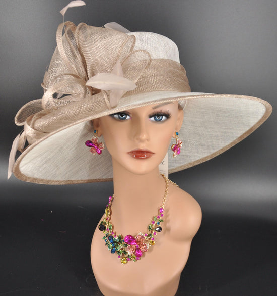 Wide Brim Sinamay Derby Hat: White & Taupe Formal Fashion