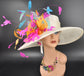Wide Brim Sinamay Hat Church Kentucky Derby Hat Carriage Tea Party Wedding Hat Feather Flower Off White w Fuchsia Orange Teal Blue Turquoise