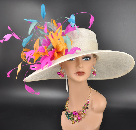 Wide Brim Sinamay Hat Church Kentucky Derby Hat Carriage Tea Party Wedding Hat Feather Flower Off White w Fuchsia Orange Teal Blue Turquoise