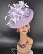 Lilac Sinamay Fascinator Hat: White Feather Flower, Royal Ascot Headband