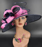 Sinamay Derby Hat: Navy Blue Wide Brim with Hot Pink Rhinestones