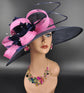 Sinamay Kentucky Derby Hat: Navy Blue Wide Brim with Hot Pink Rhinestones