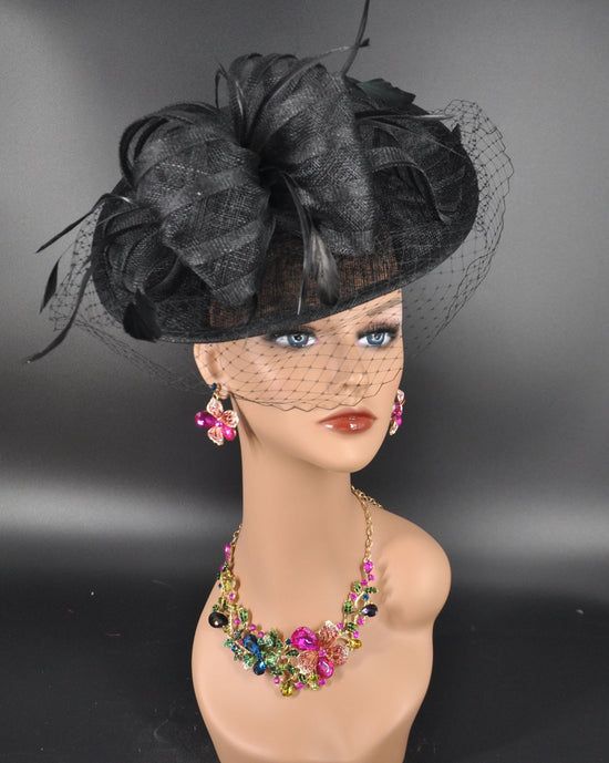 Black Sinamay Fascinator Hat: Derby Race Church Cocktail Headpiece