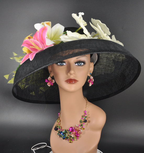 Audrey Hepburn Style Kentucky Derby Hat: Black Sinamay Wide Brim with Orchids