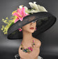 Audrey Hepburn Style Kentucky Derby Hat: Black Sinamay Wide Brim with Orchids