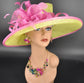 Lime Green Sinamay Kentucky Derby Hat: Hot Pink Brim, Feather Flower