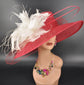Wide Brim Sinamay Kentucky Derby Hat: Red & White Feather Flower