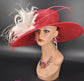 Wide Brim Sinamay Kentucky Derby Hat: Red & White Feather Flower