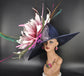 Navy Kentucky Derby Hat: Pink Flower, Peacock Feathers, Wide Brim