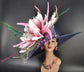 Navy Kentucky Derby Hat: Pink Flower, Peacock Feathers, Wide Brim