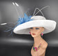 Sinamay Kentucky Derby Hat: White Wide Brim Feathered Ascot Hat