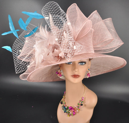 Blush Pink Sinamay Kentucky Derby Hat: Floral Tea Party Wide Brim